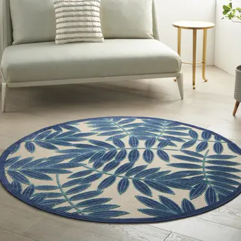 5' Navy Blue And Beige Round Palm Leaf Indoor Outdoor Area Rug