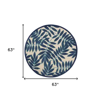 5' Navy Blue And Beige Round Palm Leaf Indoor Outdoor Area Rug