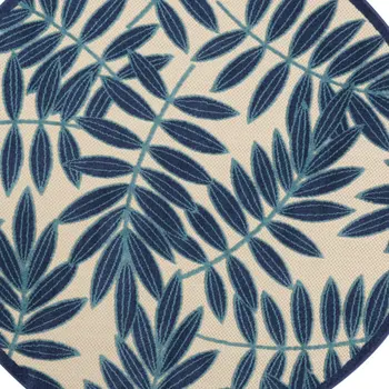 5' Navy Blue And Beige Round Palm Leaf Indoor Outdoor Area Rug
