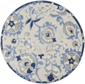5' Blue And Gray Round Floral Indoor Outdoor Area Rug