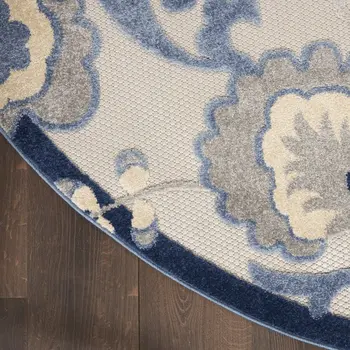 5' Blue And Gray Round Floral Indoor Outdoor Area Rug