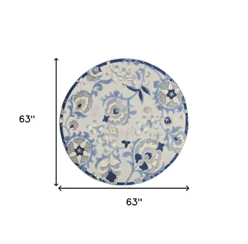 5' Blue And Gray Round Floral Indoor Outdoor Area Rug