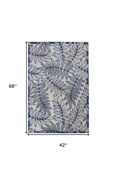 4' X 6' Navy Blue And Ivory Botanical Leaves Indoor Outdoor Area Rug