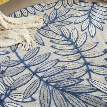 5' Navy Blue And Ivory Round Botanical Leaves Indoor Outdoor Area Rug