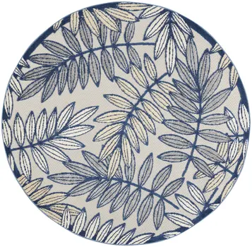5' Navy Blue And Ivory Round Botanical Leaves Indoor Outdoor Area Rug
