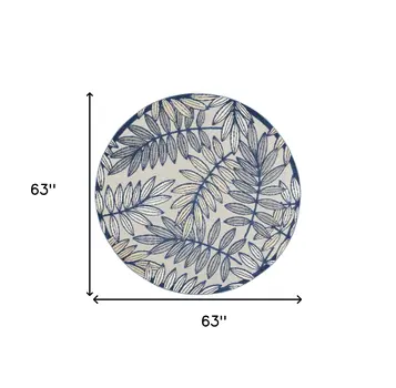 5' Navy Blue And Ivory Round Botanical Leaves Indoor Outdoor Area Rug