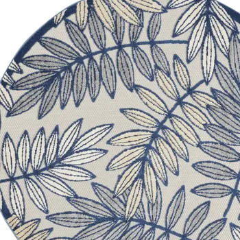 5' Navy Blue And Ivory Round Botanical Leaves Indoor Outdoor Area Rug
