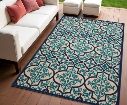 4' X 6' Ivory Navy Blue And Blue Trellis Indoor Outdoor Area Rug