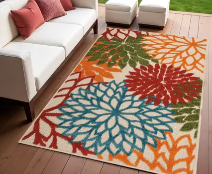 4' X 6' Orange Red Green And Blue Floral Indoor Outdoor Area Rug