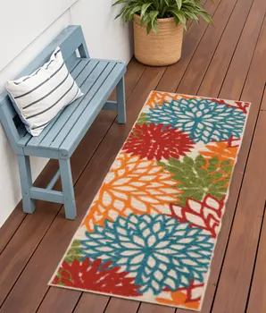 6' Orange Red Green And Blue Floral Indoor Outdoor Runner Rug