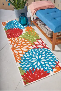 6' Orange Red Green And Blue Floral Indoor Outdoor Runner Rug