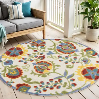 5' Ivory Red Green Blue And Yellow Round Floral Indoor Outdoor Area Rug