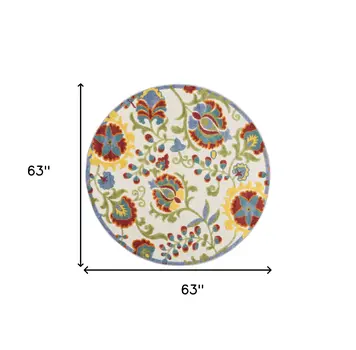5' Ivory Red Green Blue And Yellow Round Floral Indoor Outdoor Area Rug