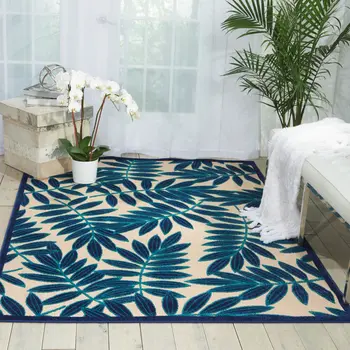 5' X 8' Navy Blue And Ivory Palm Leaf Indoor Outdoor Area Rug