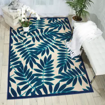 5' X 8' Navy Blue And Ivory Palm Leaf Indoor Outdoor Area Rug
