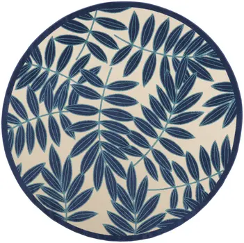8' Navy Blue And Ivory Round Botanical Leaves Indoor Outdoor Area Rug