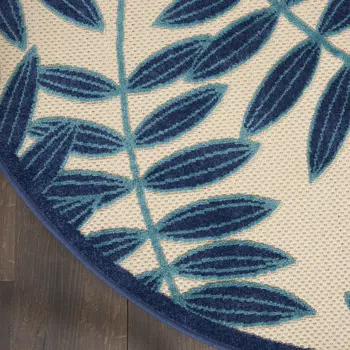 8' Navy Blue And Ivory Round Botanical Leaves Indoor Outdoor Area Rug