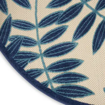 8' Navy Blue And Ivory Round Botanical Leaves Indoor Outdoor Area Rug