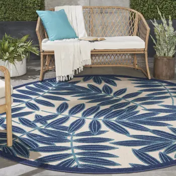 8' Navy Blue And Ivory Round Botanical Leaves Indoor Outdoor Area Rug