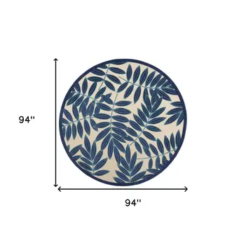 8' Navy Blue And Ivory Round Botanical Leaves Indoor Outdoor Area Rug