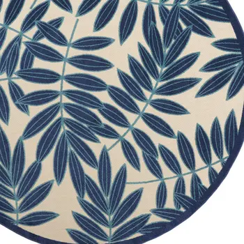 8' Navy Blue And Ivory Round Botanical Leaves Indoor Outdoor Area Rug
