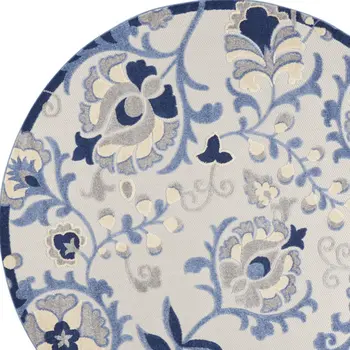 8' Blue And Gray Round Floral Indoor Outdoor Area Rug
