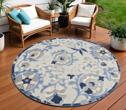 8' Blue And Gray Round Floral Indoor Outdoor Area Rug