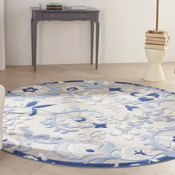 8' Blue And Gray Round Floral Indoor Outdoor Area Rug