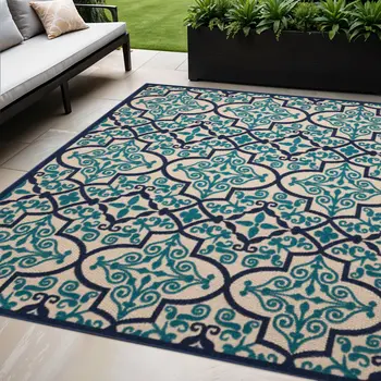 5' X 8' Navy Blue And Ivory Trellis Indoor Outdoor Area Rug