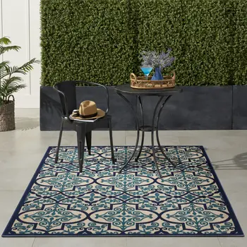 5' X 8' Navy Blue And Ivory Trellis Indoor Outdoor Area Rug