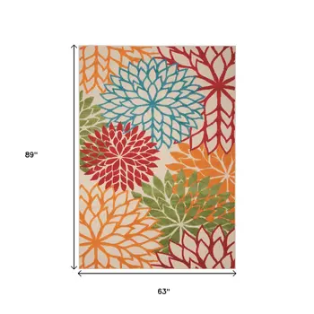 5' X 8' Ivory Green Blue Red And Orange Floral Indoor Outdoor Area Rug