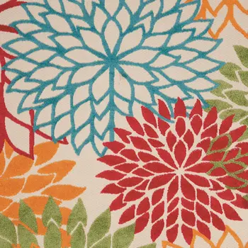 5' X 8' Ivory Green Blue Red And Orange Floral Indoor Outdoor Area Rug