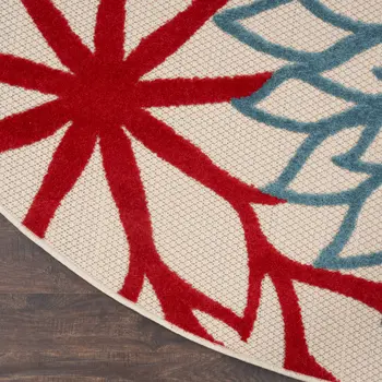 8' Ivory Green Blue Red And Orange Round Floral Indoor Outdoor Area Rug