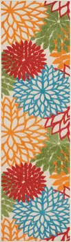 8' Ivory Green Blue Red And Orange Floral Indoor Outdoor Runner Rug