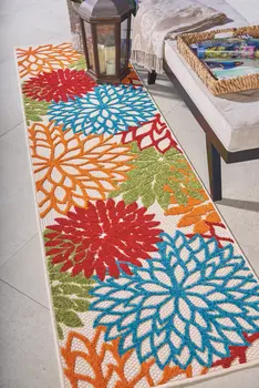 8' Ivory Green Blue Red And Orange Floral Indoor Outdoor Runner Rug
