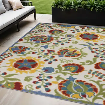 5' X 8' Ivory Green Red And Yellow Floral Indoor Outdoor Area Rug