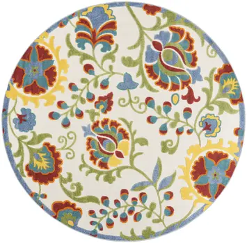 8' Ivory Green Red And Yellow Round Floral Indoor Outdoor Area Rug