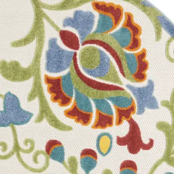 8' Ivory Green Red And Yellow Round Floral Indoor Outdoor Area Rug