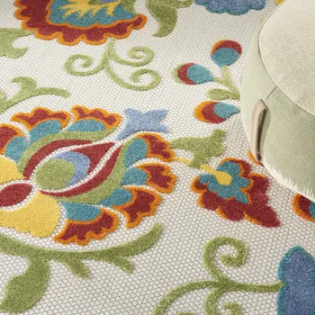 8' Ivory Green Red And Yellow Round Floral Indoor Outdoor Area Rug