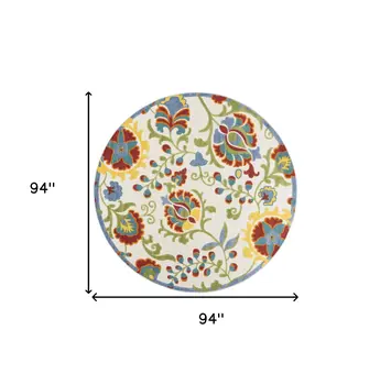 8' Ivory Green Red And Yellow Round Floral Indoor Outdoor Area Rug