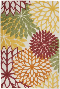 5' X 8' Ivory Yellow Orange And Green Floral Indoor Outdoor Area Rug