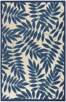 6' X 9' Navy Blue And Beige Botanical Leaves Indoor Outdoor Area Rug