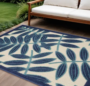 6' X 9' Navy Blue And Beige Botanical Leaves Indoor Outdoor Area Rug