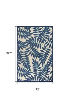 6' X 9' Navy Blue And Beige Botanical Leaves Indoor Outdoor Area Rug