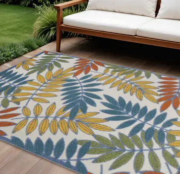 6' X 9' Ivory Blue Orange And Green Botanical Leaves Indoor Outdoor Area Rug