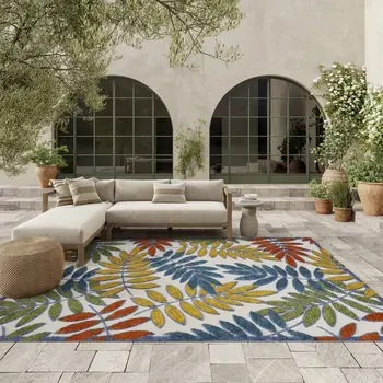 6' X 9' Ivory Blue Orange And Green Botanical Leaves Indoor Outdoor Area Rug