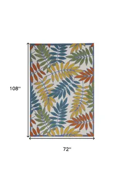 6' X 9' Ivory Blue Orange And Green Botanical Leaves Indoor Outdoor Area Rug