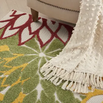 6' X 9' Red Yellow Green Orange And Ivory Floral Indoor Outdoor Area Rug