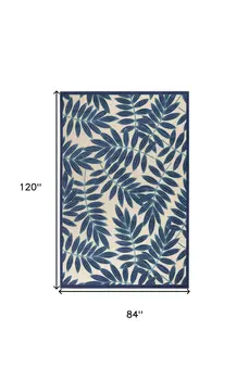 7' X 10' Navy Blue And Beige Botanical Leaves Indoor Outdoor Area Rug