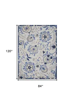 7' X 10' Blue Gray And Navy Blue Floral Indoor Outdoor Area Rug